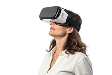 Woman wearing a white shirt and black and white virtual reality headset. Isolated, on transparent background. PNG