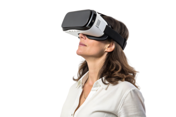 Woman wearing a white shirt and black and white virtual reality headset. Isolated, on transparent background. PNG