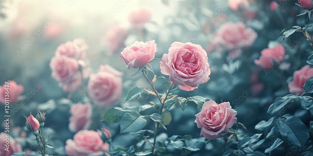 Poster soft pink roses in full bloom against a blurred green backdrop with gentle sunlight filtering throug