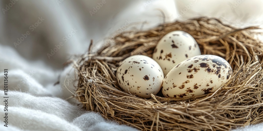 Poster quail eggs with speckled shells nestled in a natural woven nest on soft gray fabric background with 
