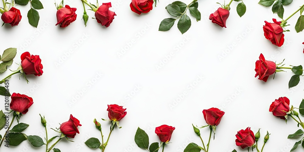 Poster red roses with green leaves arranged in a circular frame on a white background creating ample negati