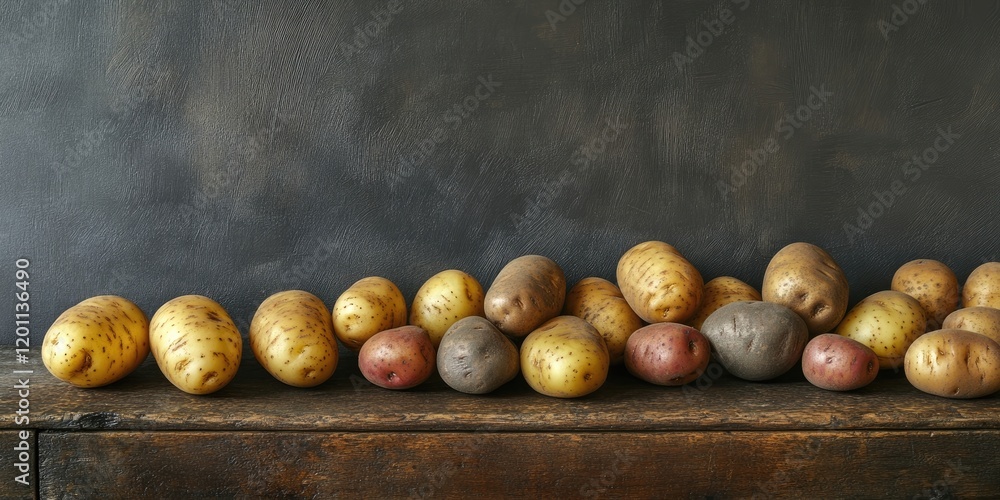 Poster Assorted potatoes with varied textures and colors on a rustic wooden table against a dark textured background showcasing earthy tones.