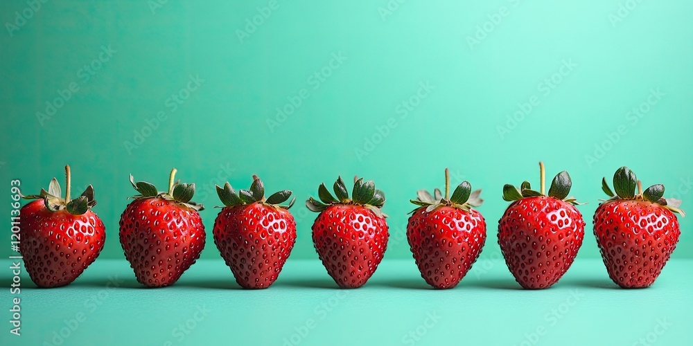 Aufkleber fresh red strawberries lined neatly against a bright teal background with ample empty space for text