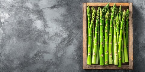 Fresh organic green asparagus neatly arranged in a rustic wooden tray positioned on a textured grey background with ample copy space on the side.