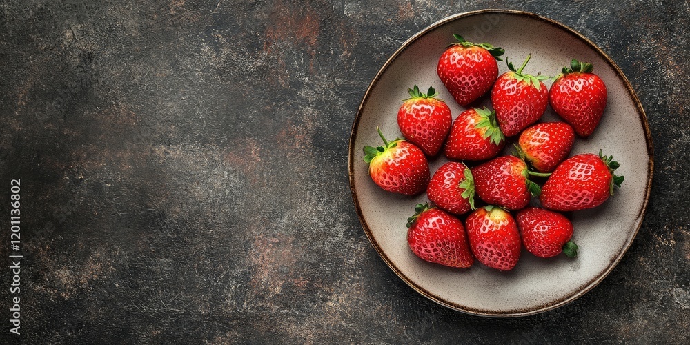 Aufkleber freshly picked ripe strawberries arranged on a round beige plate atop a dark textured rustic table w