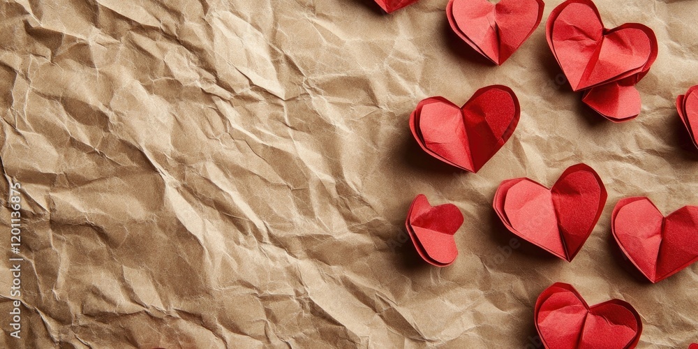 Aufkleber red paper hearts scattered on a crumpled brown paper background creating a romantic valentines day t