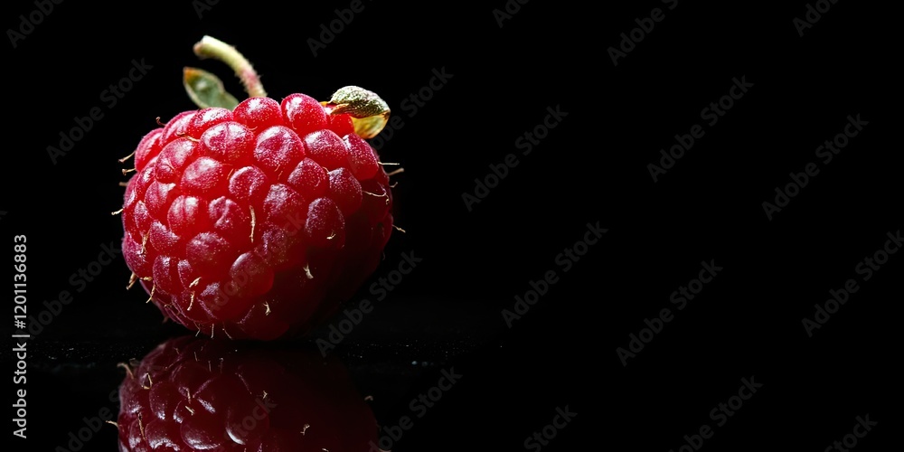 Poster high magnification of a vibrant red raspberry isolated on a black background with ample copy space o
