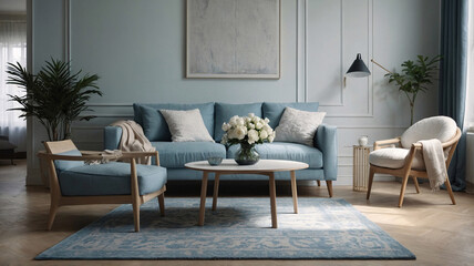 Soft Blue Scandinavian Living Room Design Featuring Fluffy Couch and Stylish Sofa Interior Design Inspiration