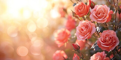 Roses in soft peach hues bloom prominently on the left with a warm golden bokeh background creating a dreamy space for text on the right