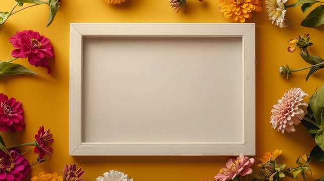 A blank white picture frame with a bone border in the middle surrounded by orchids and zinnias
