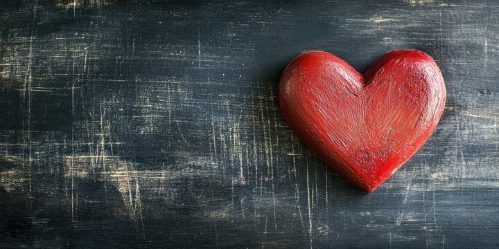 Red textured heart in vibrant red positioned left of the frame on a rustic chalkboard background with visible white chalk markings.