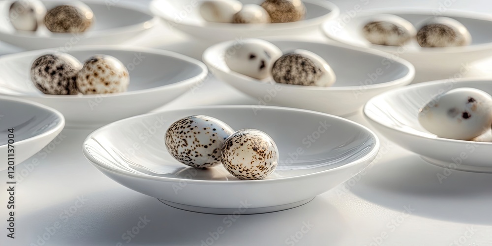 Poster quail eggs with speckled patterns on white porcelain dishes arranged in a minimalistic layout with s