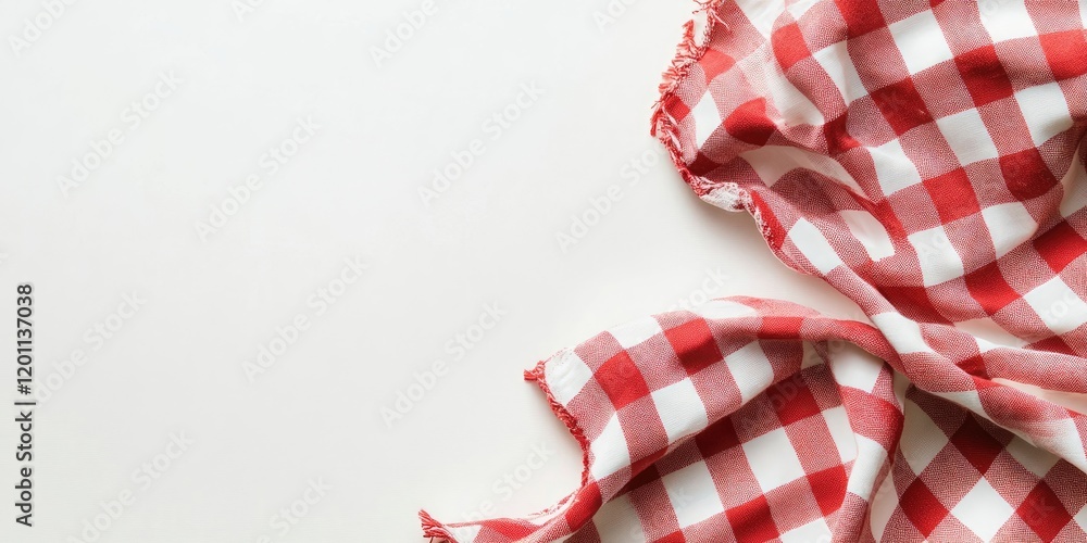 Poster red and white checkered tablecloth draped on a white background with ample copyspace at the right fo
