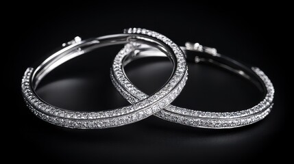 A pair of hoop diamond earrings on a classic black background, emphasizing their shine and clarity