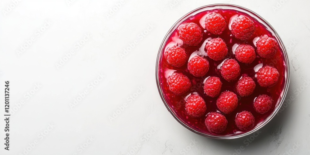 Poster raspberry jelly cake top view with bright red berries arranged in circular layout on a white backgro