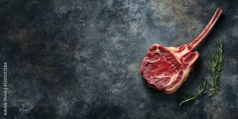 Poster raw tomahawk steak on dark stone background with herbs on the right side and ample negative space fo