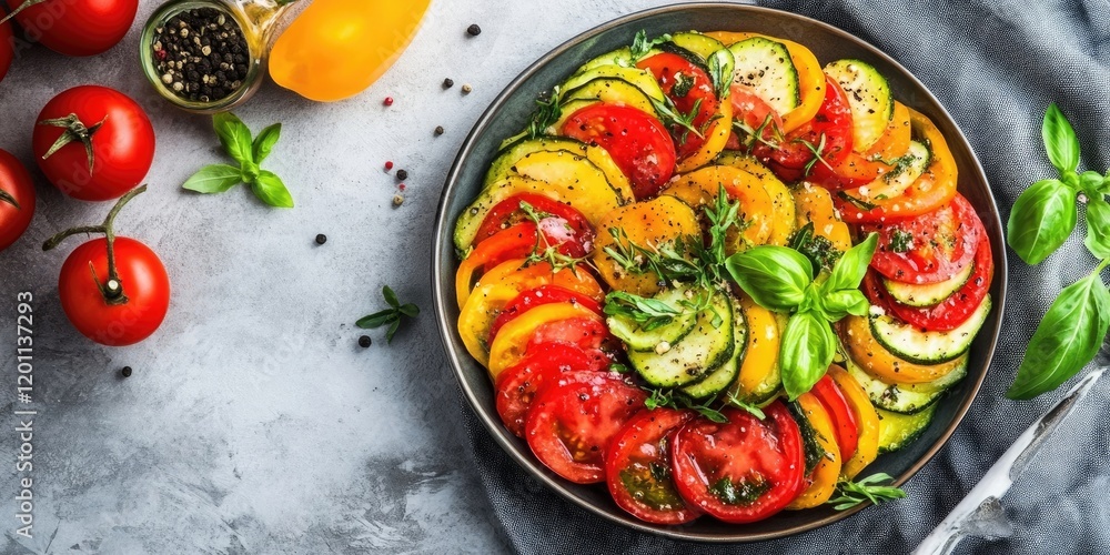 Poster colorful sliced vegetables arranged in a circular pattern on a black plate with fresh basil on a gra