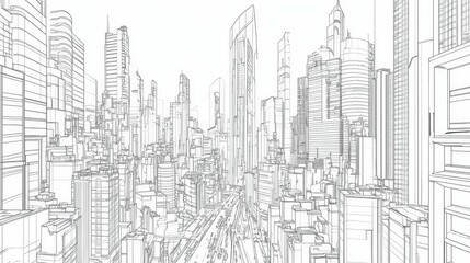 Fototapeta premium Black line drawing of a city with busy streets.