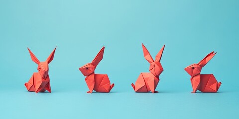 Red origami rabbits arranged from left to right on a solid blue background symbolizing Chinese New Year and Easter celebrations in playful design.
