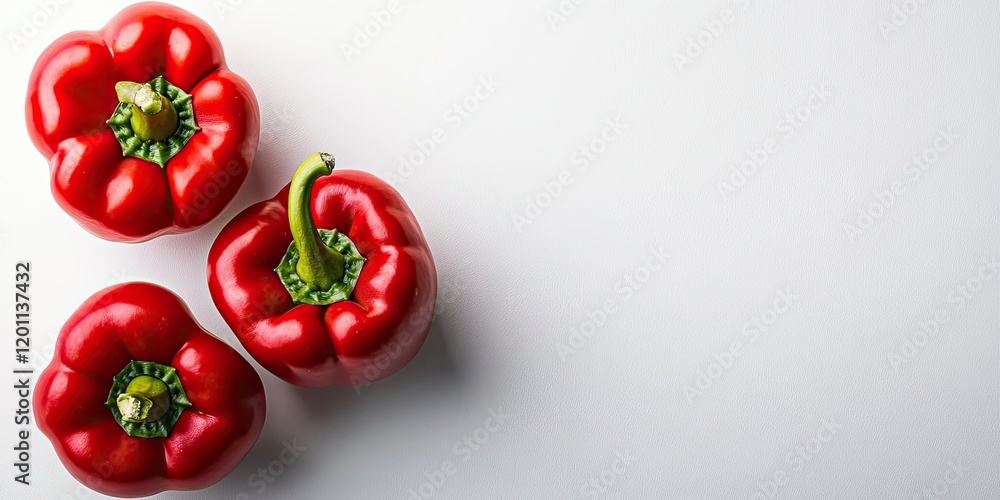 Aufkleber fresh red bell peppers in a top-down flat lay arrangement on a white background with ample negative 