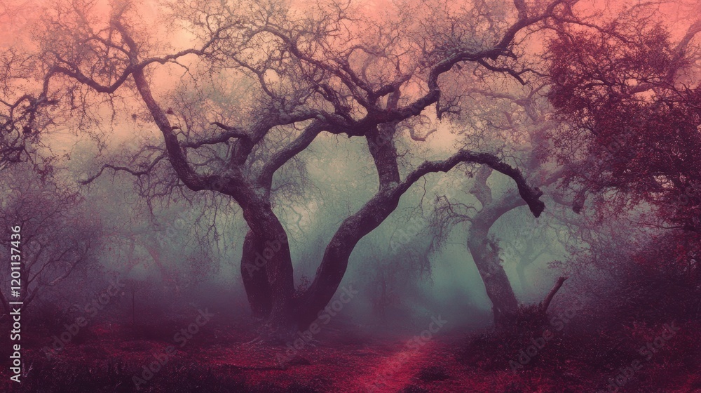 Aufkleber mysterious fog envelops ancient trees in a serene forest during twilight hours