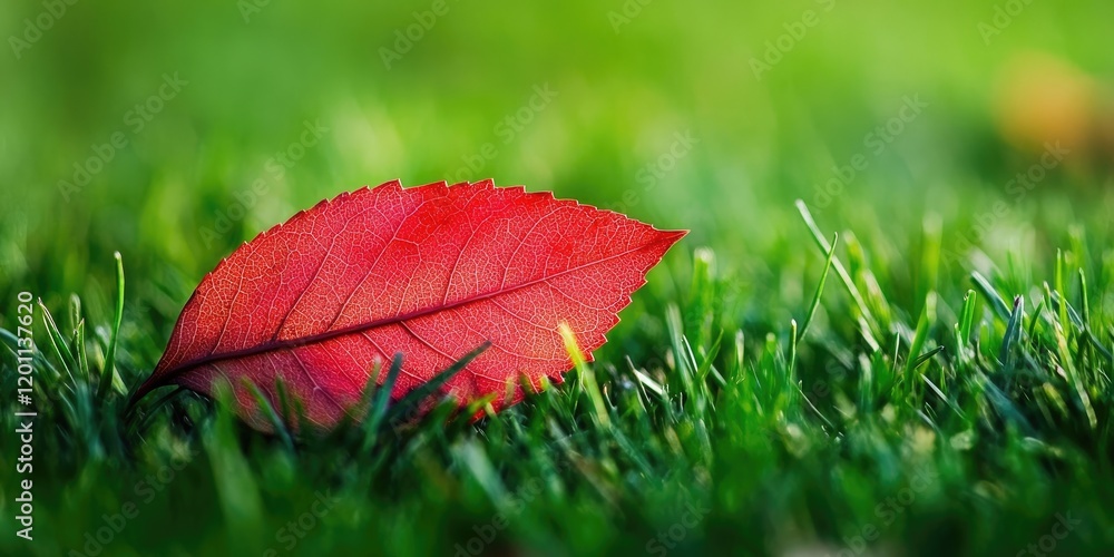 Poster red leaf on lush green grass in macro focus with ample negative space for text, vibrant colors enhan