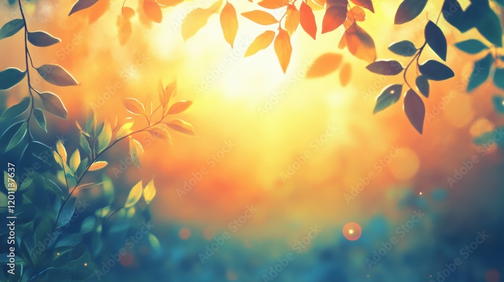 Poster bright sunlight filters through leaves, creating a warm glow in a serene forest setting during the g