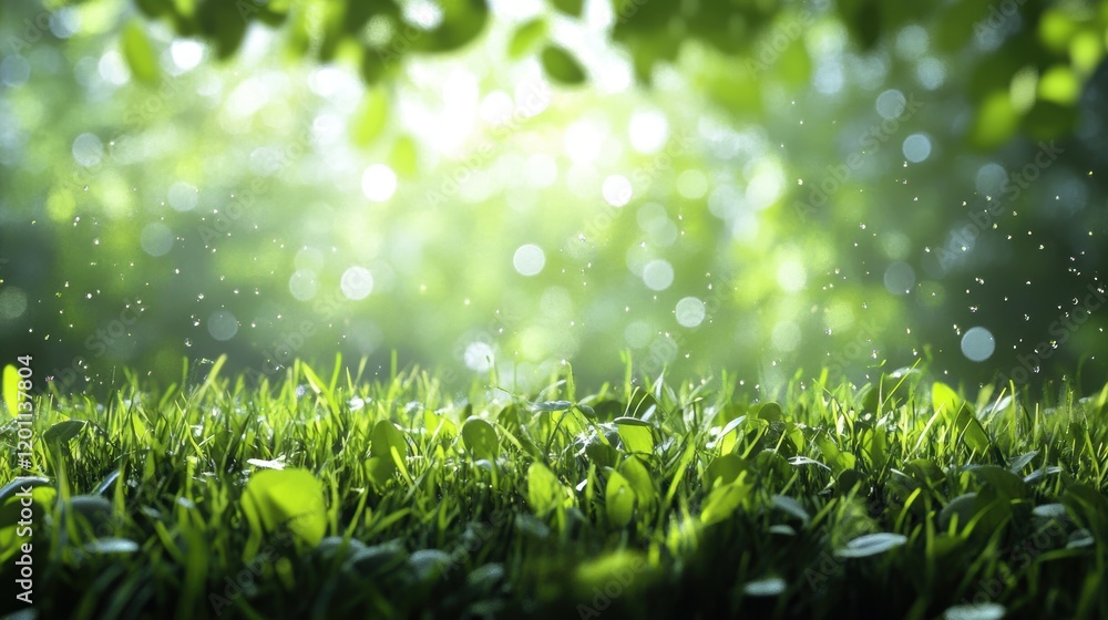 Aufkleber lush green grass illuminated by sunlight with dew droplets and soft bokeh in a serene natural settin