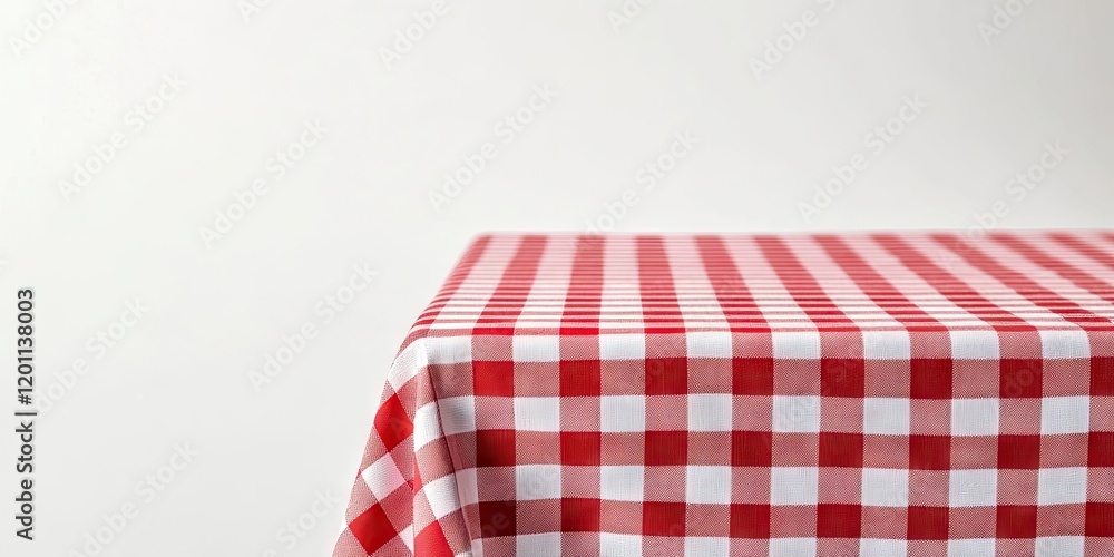 Poster red and white classic checkered tablecloth draped on a table with soft shadows against a clean white