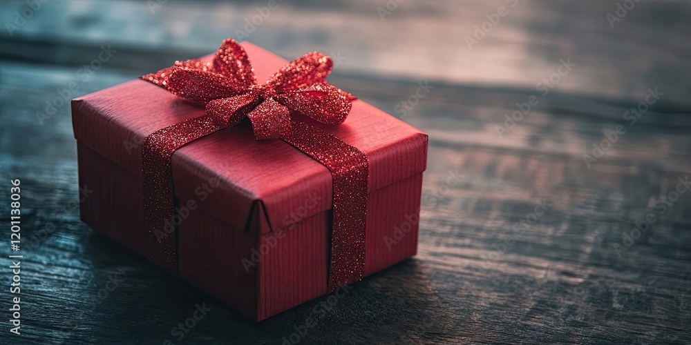 Poster red gift box with glittery bow positioned slightly off-center on a dark wooden table with ample nega