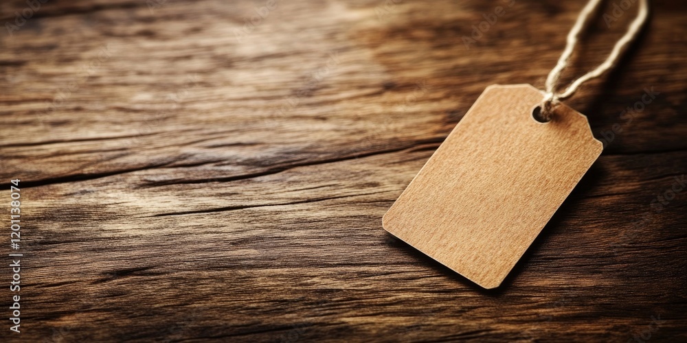 Poster brown price tag label centered on a textured dark wooden surface with a rustic feel, featuring a nat