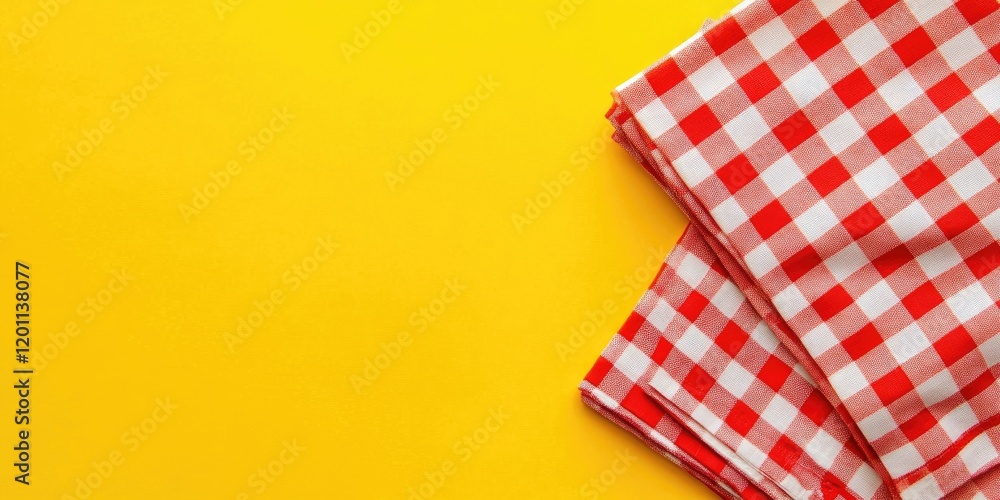 Aufkleber red checkered napkins folded in the bottom right corner on a bright yellow background creating a vib