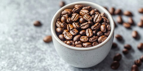 Fototapeta premium Roasted coffee beans in a white cup positioned center on a textured gray background with scattered beans creating a cozy, vintage ambiance.