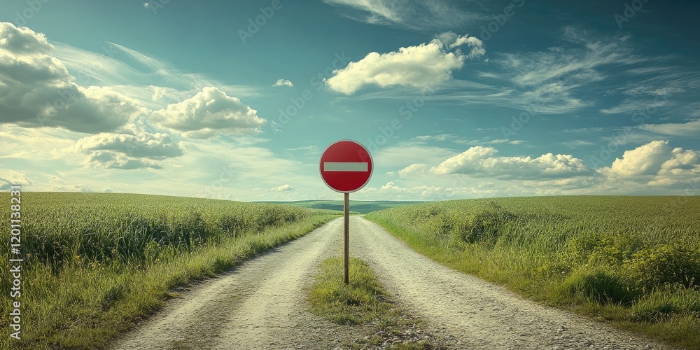 Poster no stopping road sign on a dirt path with lush green fields and blue sky in background. open space f