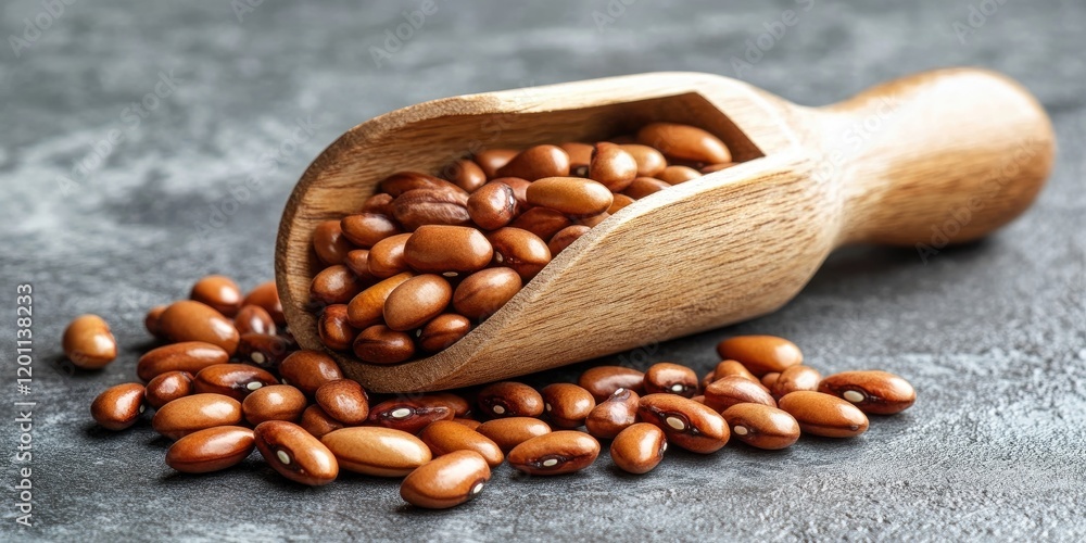 Poster wooden scoop filled with raw brown beans placed on a textured gray background with scattered beans i