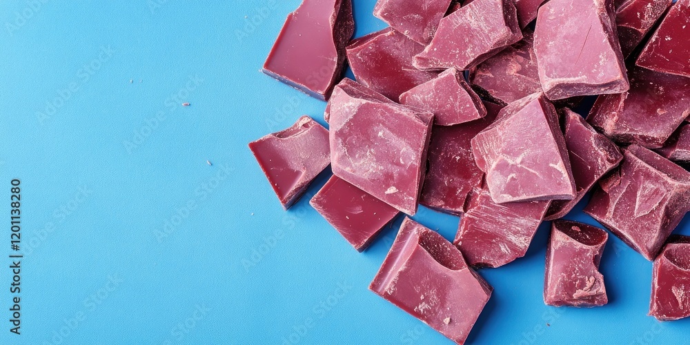 Poster ruby chocolate chunks scattered on vibrant blue background with ample space for text, showcasing ric