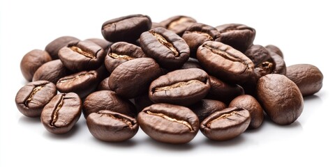 Obraz premium Roasted coffee beans in various shades of dark brown scattered in a natural arrangement against a clean white background.