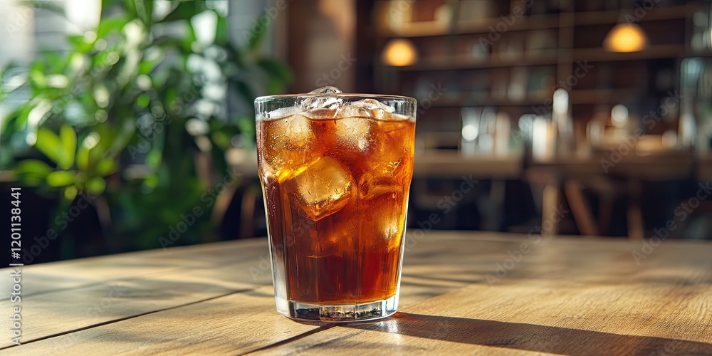 Poster refreshing iced tea in a clear glass with ice cubes on a wooden table with greenery in the backgroun
