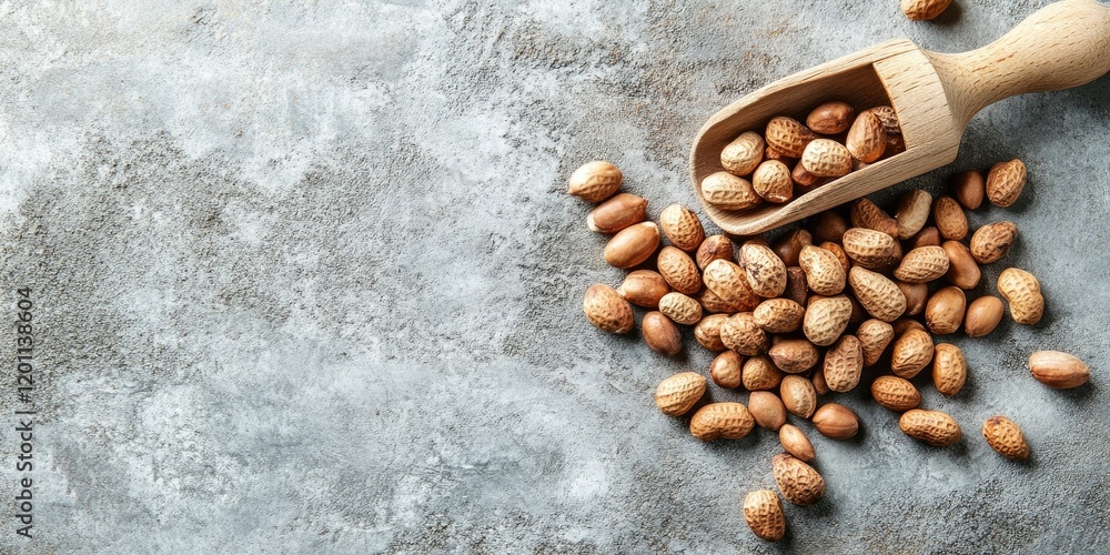 Poster raw groundnuts scattered on a textured gray cement background with a wooden scoop placed at a diagon