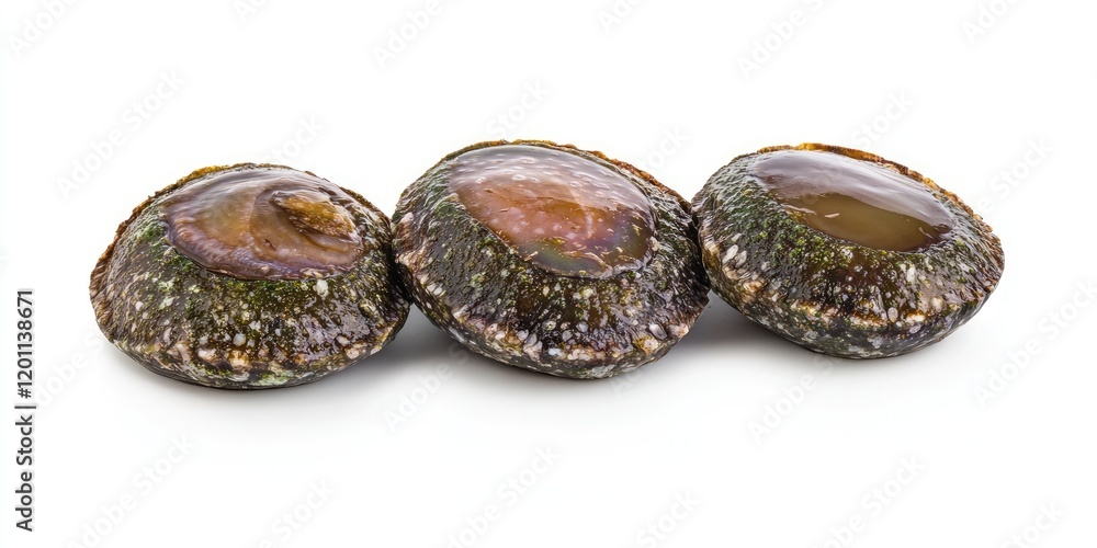 Poster Raw abalones arranged in a row with textured dark shells and glossy inner surfaces on a clean white background for culinary use