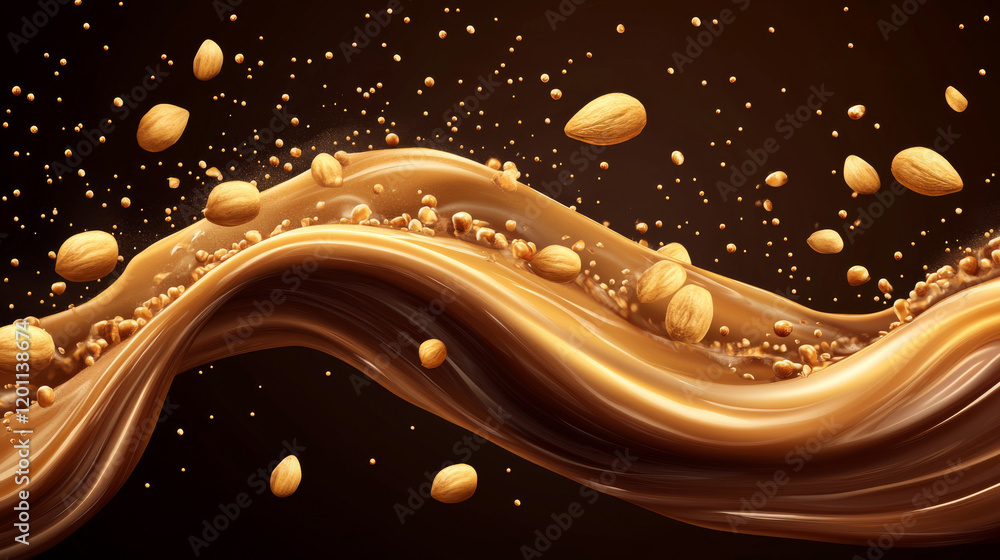 Poster chocolate, cocoa and coffee milk splashes, tornado and swirls with crushed peanut. isolated vector d