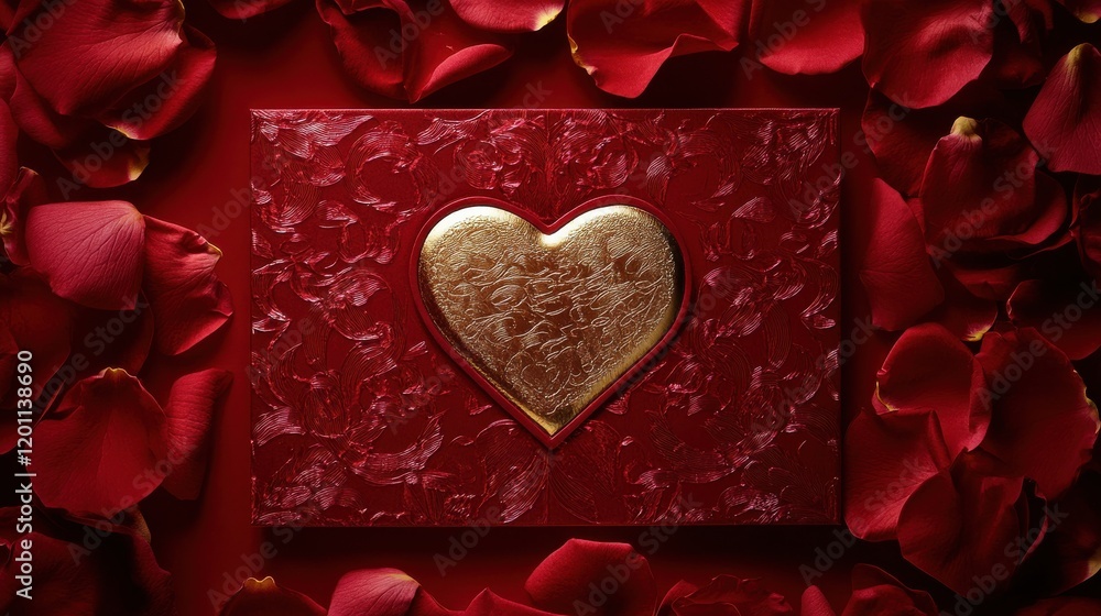 Fototapete a red card with a golden heart graphic embossed in the center, framed by intricate lace-like pattern