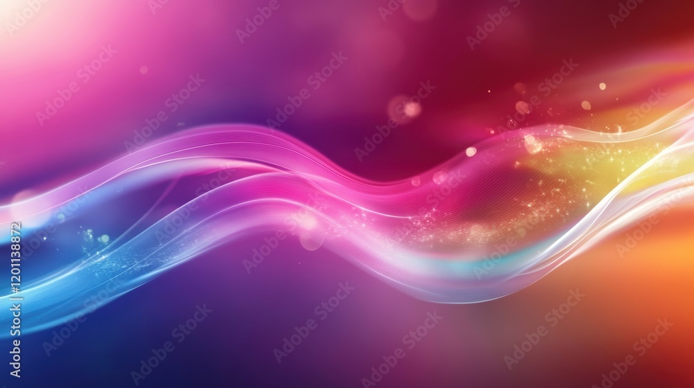 Poster vibrant abstract waves flow in colorful gradients with sparkling highlights against a dark backgroun