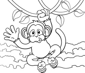 A monkey cartoon character singing on jungle vines and waving