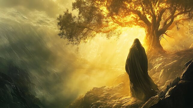 A depiction of Moses standing in the glow of the burning bush with divine light creating a dramatic and spiritual scene