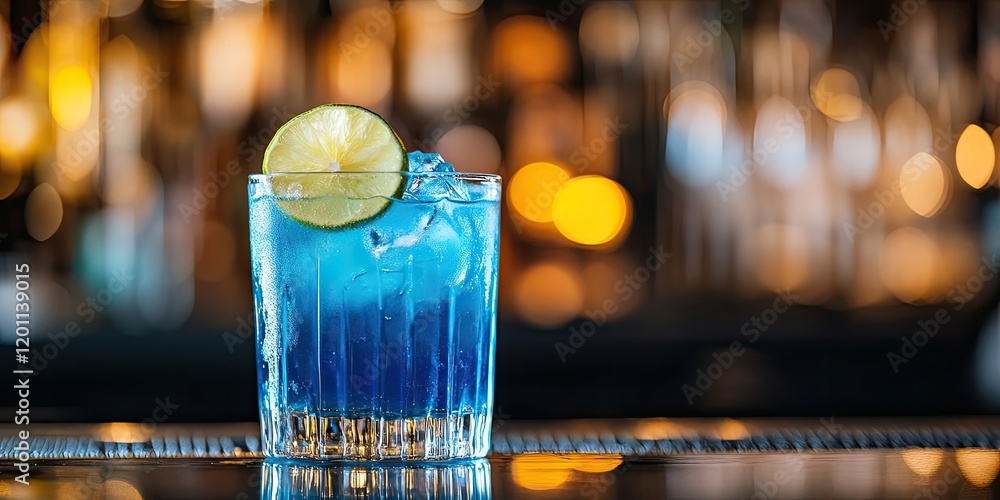 Poster refreshing summer cocktail in blue hues with lime garnish on a bar counter, blurred warm backdrop an