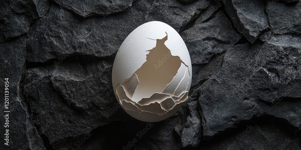 Poster cracked eggshell on textured black stone background centered in the image with a soft light highligh