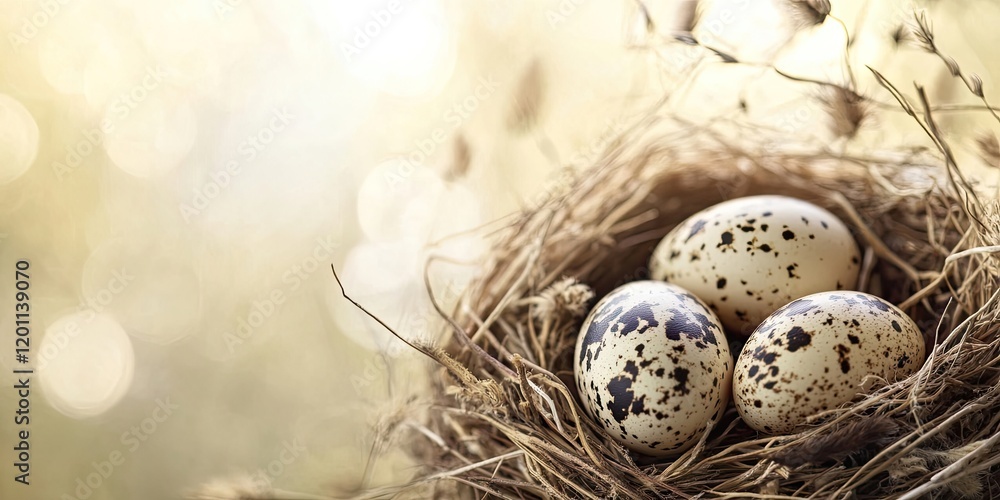 Poster quail eggs in a rustic nest with soft straw on a blurred golden background featuring three speckled 