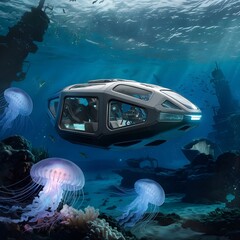 A futuristic underwater vehicle speeding through an ocean teeming with exotic marine life, glowing jellyfish, and ancient shipwrecks.