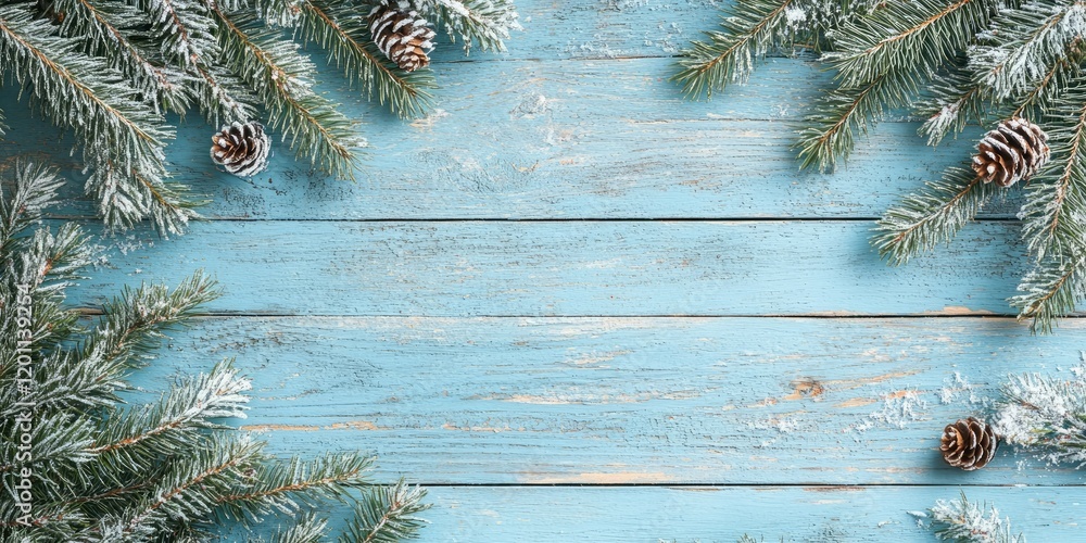 Poster rustic turquoise wood background adorned with snowy fir branches and pine cones creating a festive f
